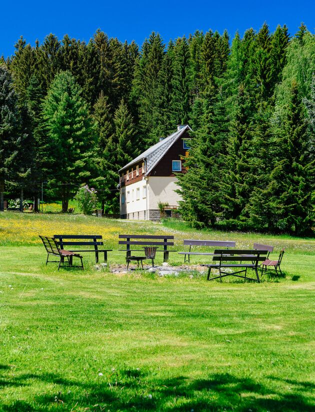 Grillplatz mit Bänken und Tischen auf der Wiese vor dem Waldrand
